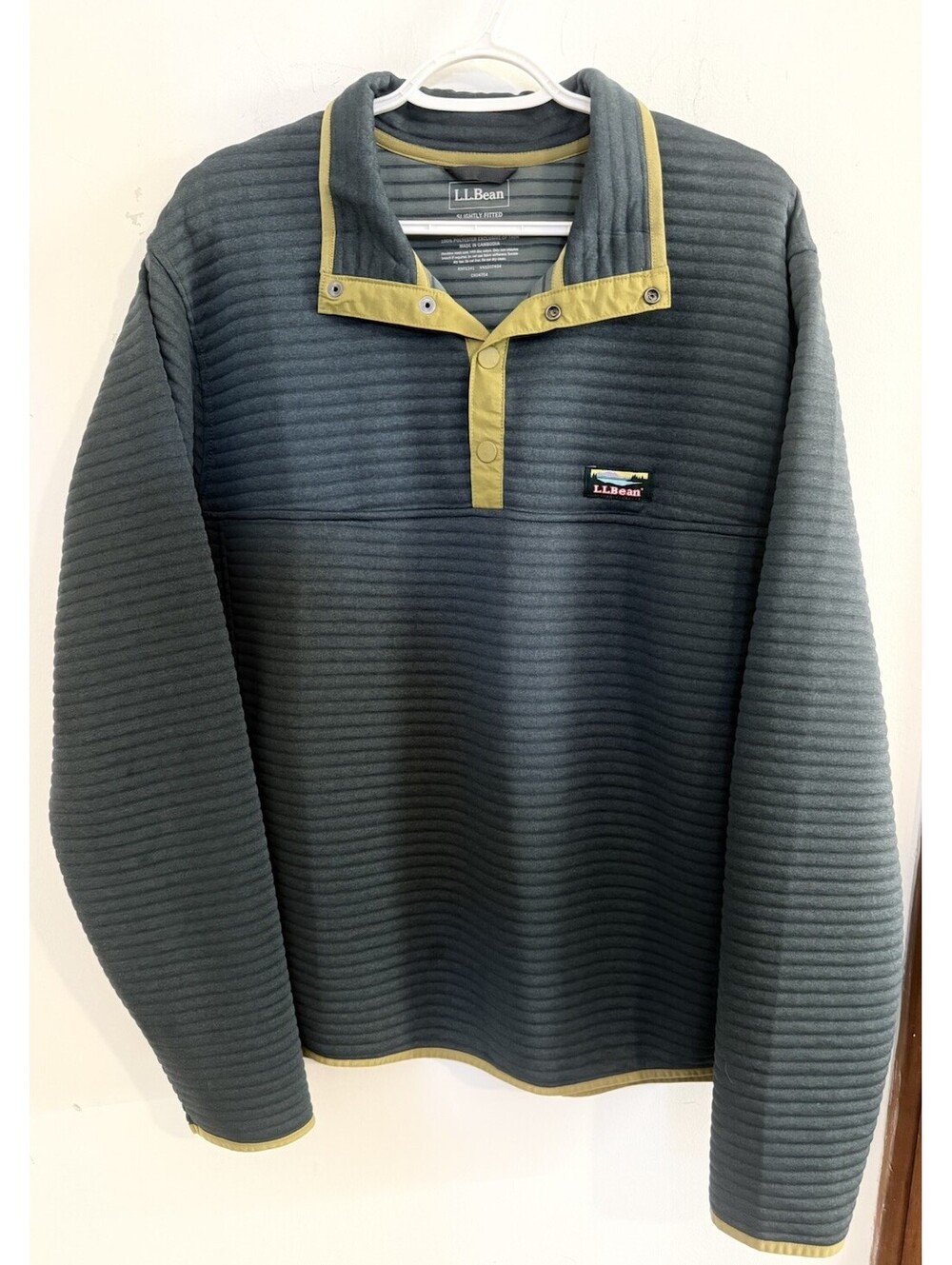 LL Bean Slightly Fitted Mens XL Knit Pullover 1/4 Snap Dark Green Ribbed Pockets
